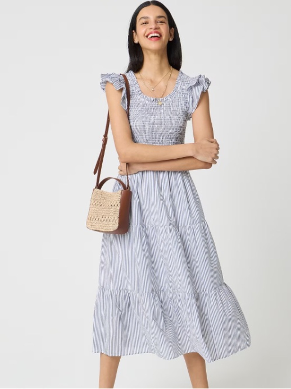 J crew Striped smocked flutter-sleeve midi dress